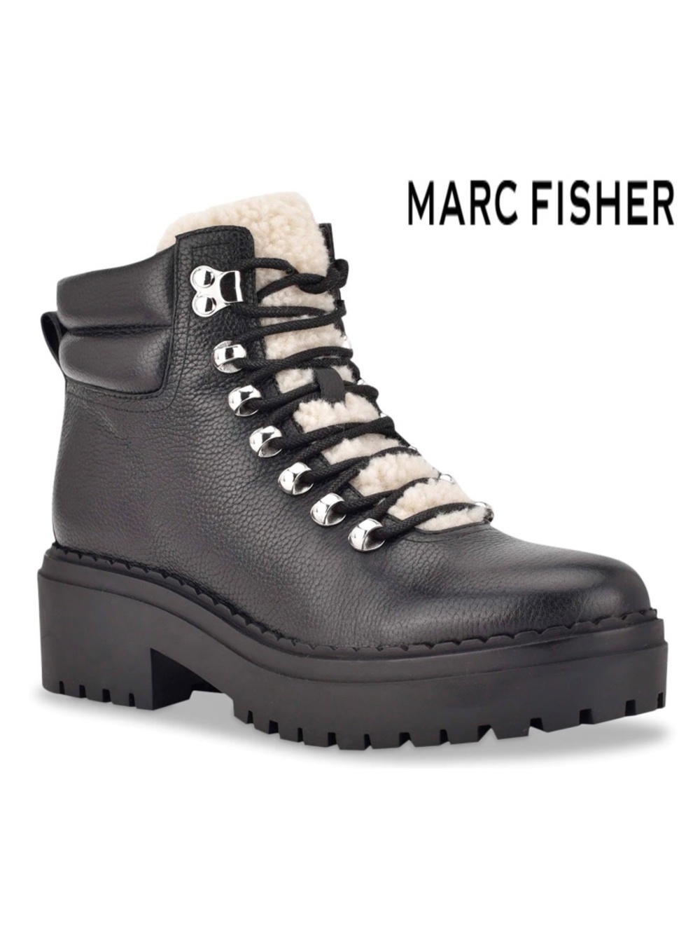 MARC FISHER WOMEN NIB NAIRY LACE-UP SHEARLING LUG SOLE BLACK LEATHER BOOTIE. 8M